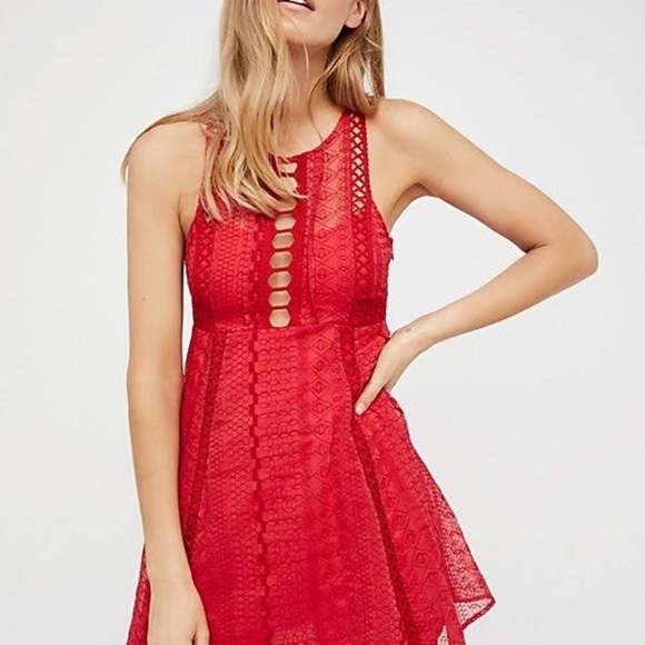 Free People Wherever You Go Red Eyelet Mini Dress Size 4 - Picture 2 of 6